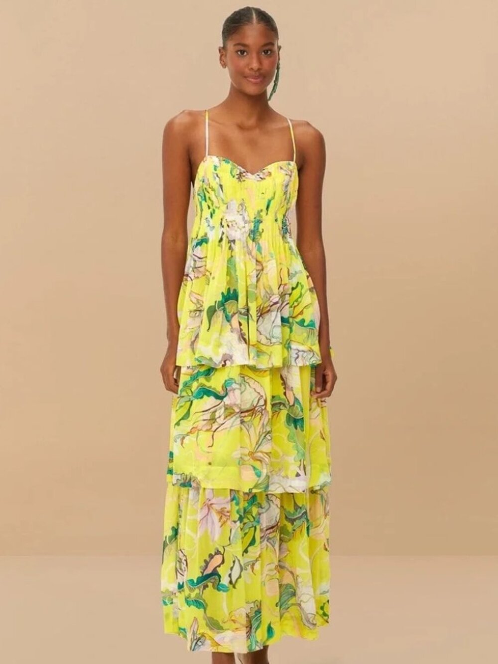 🌼🌸 FARM Rio Yellow Jellyfish Bouquet Layered Maxi Dress Size S NWT
